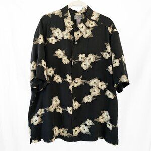 Vintage Crazy Horse Men's Black Silk Hawiian Floral Button Down Shirt